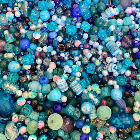 X100pcs  Mix perles verre bleues 6 à 25mm #36