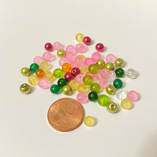 X100 Mix 6mm perles verre rose/ vert/ orange/ jaune #26