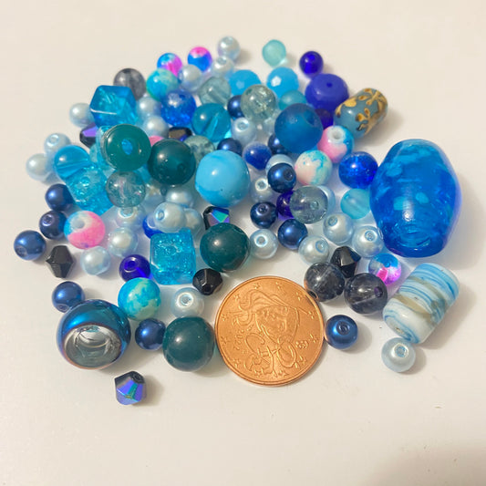 X100pcs  Mix perles verre bleues 6 à 25mm #36