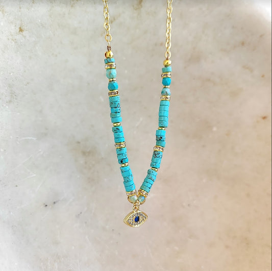 Heishy turquoise necklace + Eye