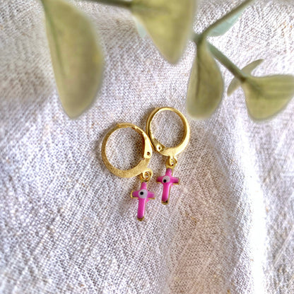 Pink eye cross earring