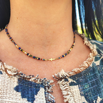 Gold lapis lazuli ruby ​​cross choker necklace