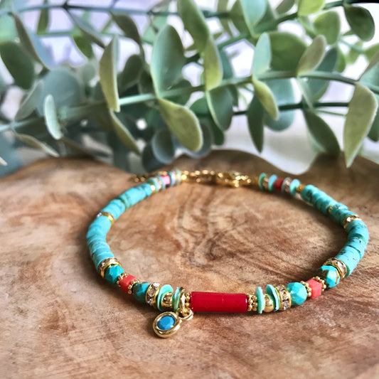 Turquoise rondelle + coral bracelet