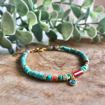 Turquoise rondelle + coral bracelet