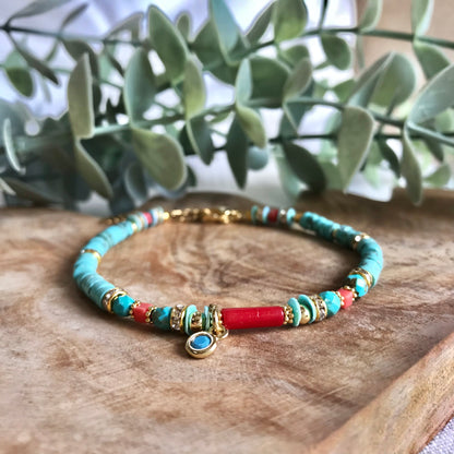 Turquoise rondelle + coral bracelet